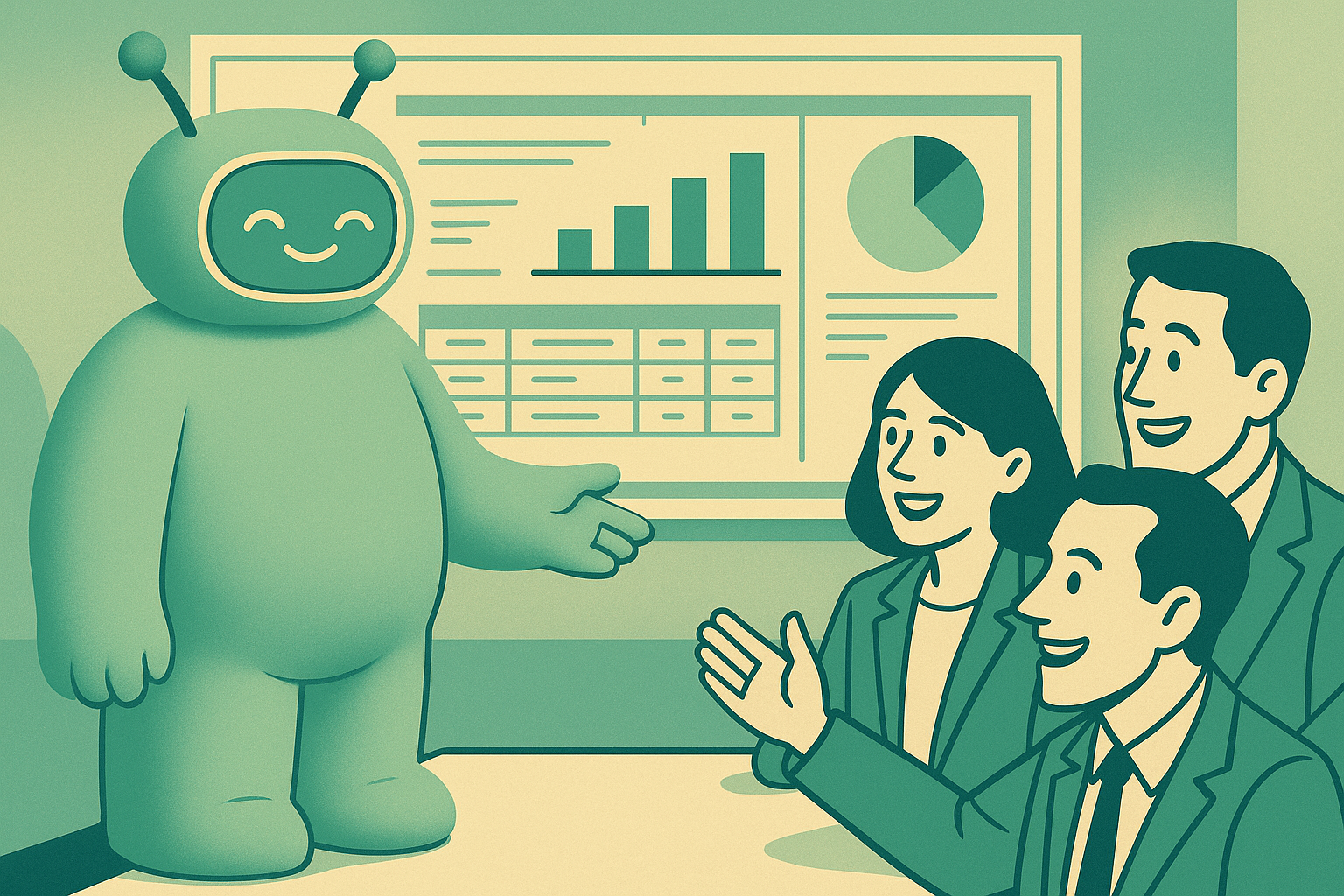 An illustration of a friendly AI chatbot interacting with simplified, colorful data charts and graphs. People using laptops and smartphones engage with the data visually, representing conversational AI transforming customer-facing analytics. The design is clean and minimalistic, with soft gradients, vibrant colors, and a tech-forward, modern digital aesthetic.